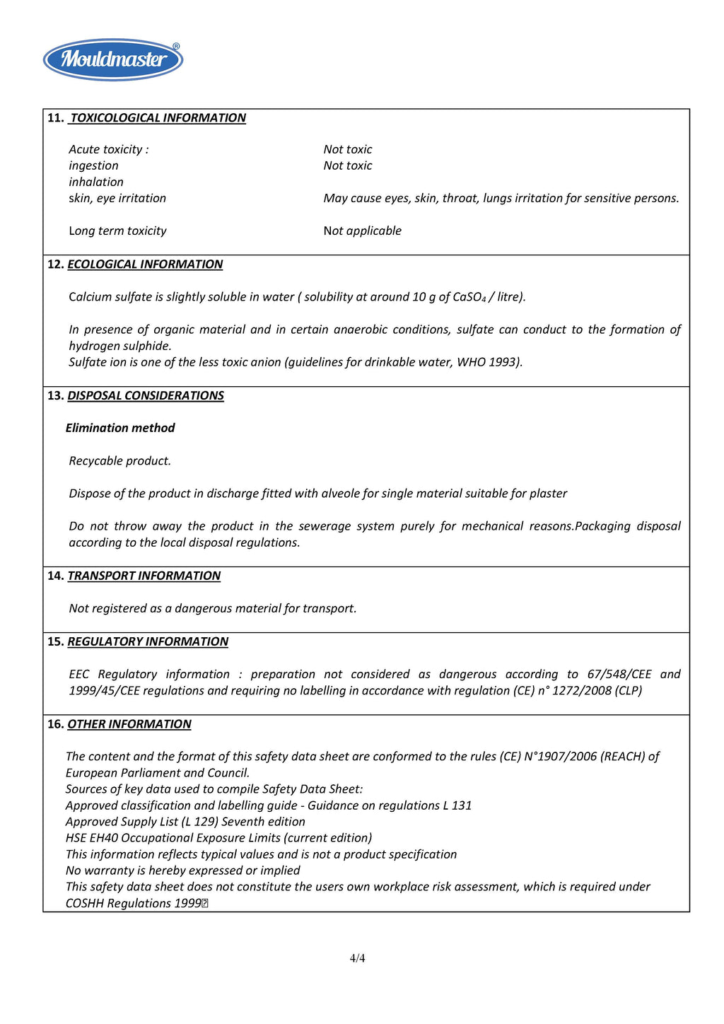 Casting Plaster MSDS